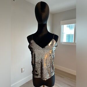 Silver Sequin V-Neck Crop Tank Top